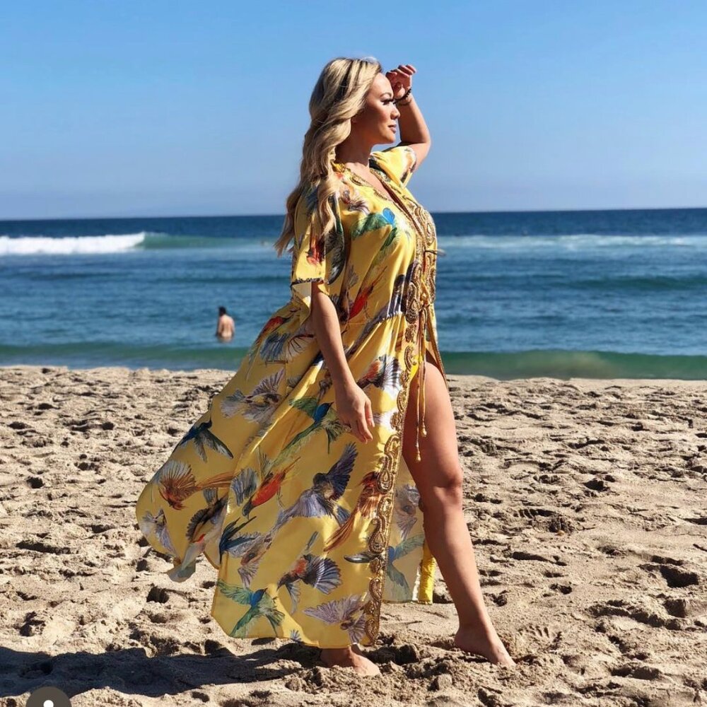 Designer Style Kaftan Dress Yellow Bird Print Embellished EUC